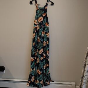 Lulu's Black Maxi Dress with Teal Leaves & Orange Floral Print